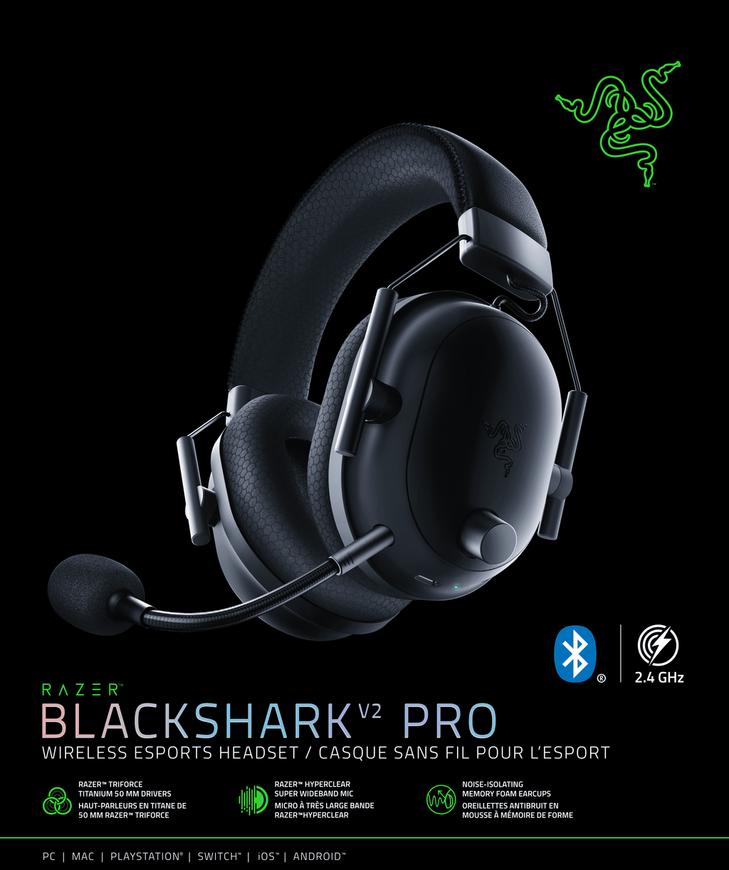 Blackshark V2 Pro Wireless PC Gaming Headset, 2.4Ghz, BT, Hyperspeed Wireless, 70Hr Battery, 320G, Black