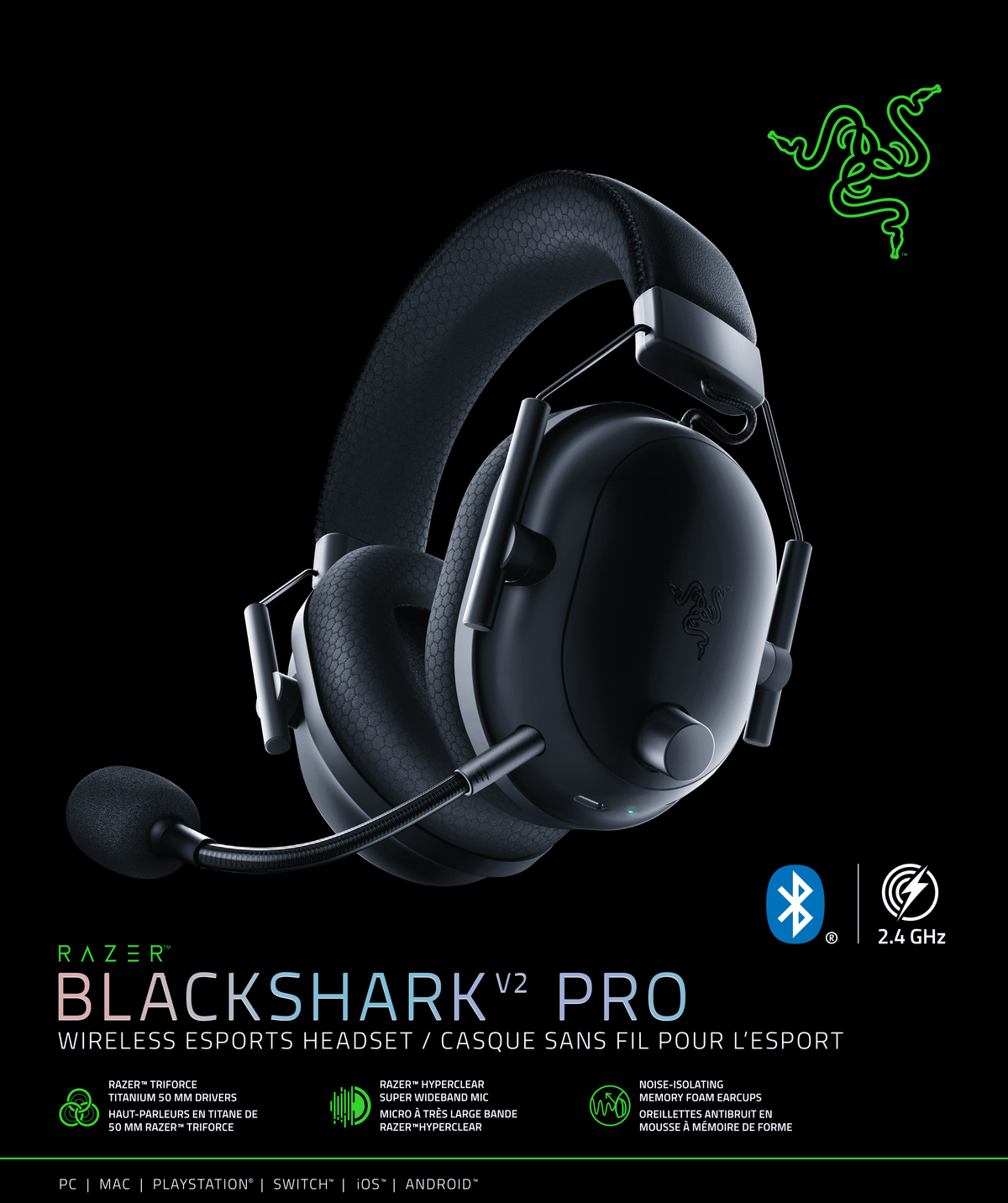 Blackshark V2 Pro Wireless PC Gaming Headset, 2.4Ghz, BT, Hyperspeed Wireless, 70Hr Battery, 320G, Black