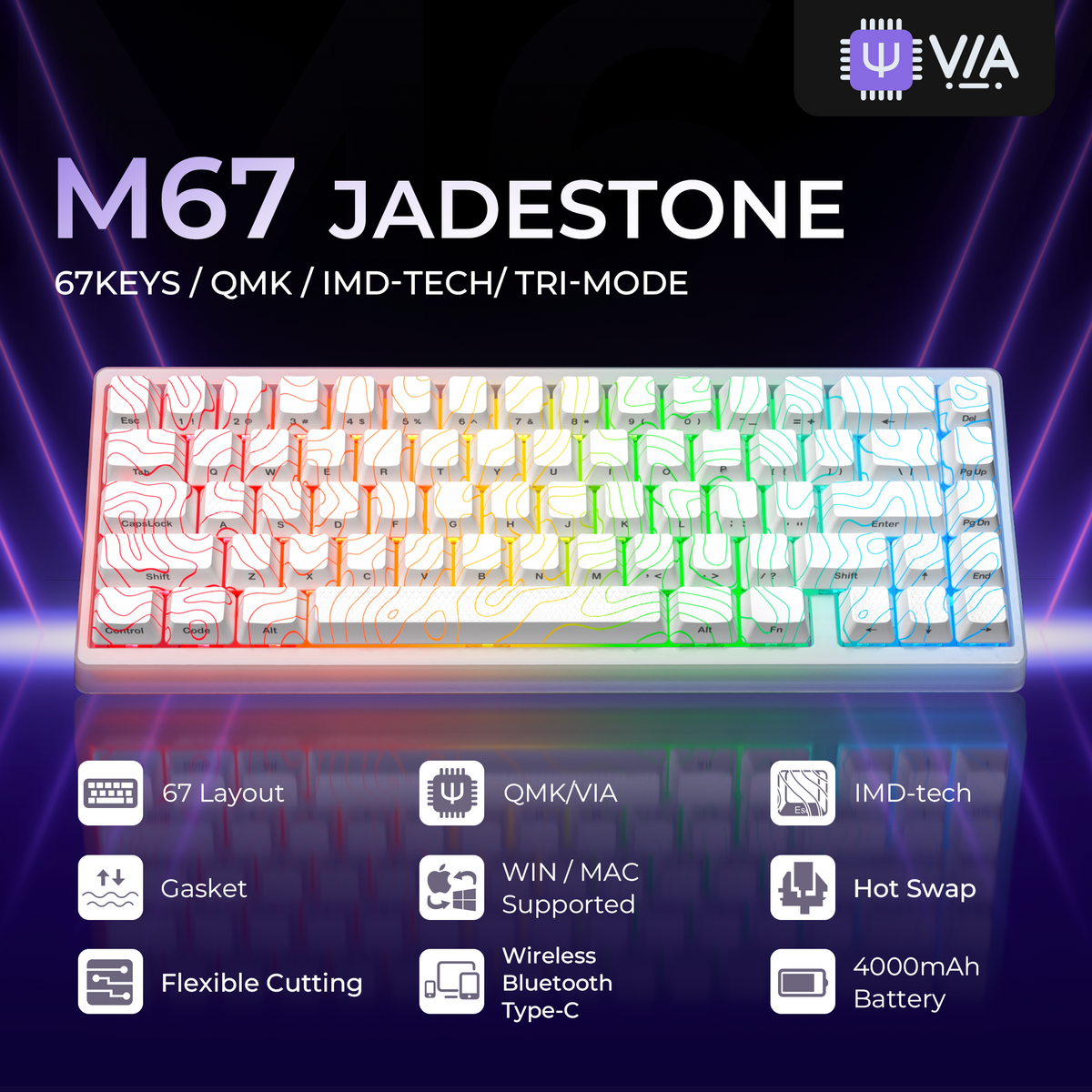 XVX M67 Wireless Mechanical Keyboard – Clear RGB Topographic Keycaps