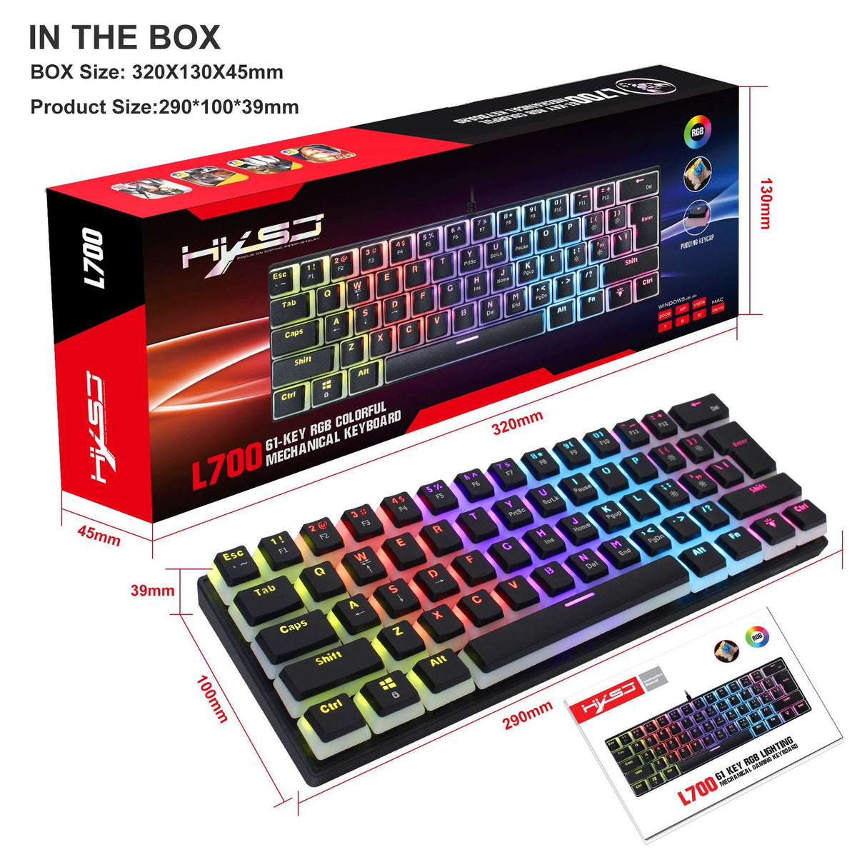 HXSJ 61-Key Wired Mechanical Keyboard – Pudding Keycaps & RGB